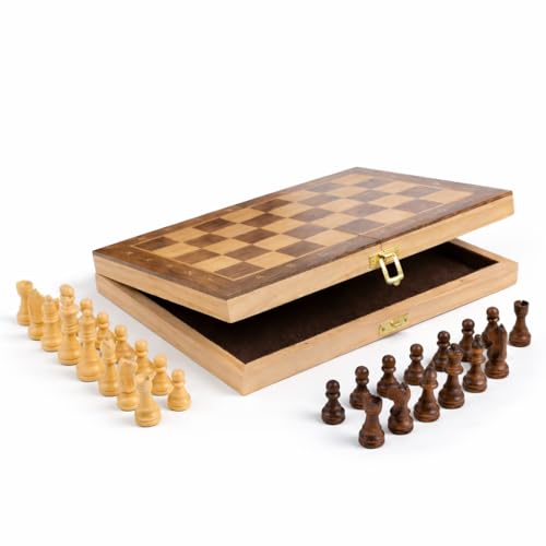 Image of 12 Inches Wooden Handmade Foldable Chess Board Set with Pieces and Queens for 2 Players for Kids and Adults (12x12 Inches, Brown)