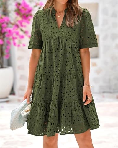 Image of BTFBM Womens Boho Summer Dresses 2026 Spring V Neck Short Sleeve Hollow Out Lace Ruffle Casual Beach Mini Vacation Dress