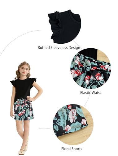 Image of Girls Shorts Sets 2 Pieces Summer Outfits Ruffle Sleeve T-Shirts and Shorts with Pockets Cute Clothes Sets