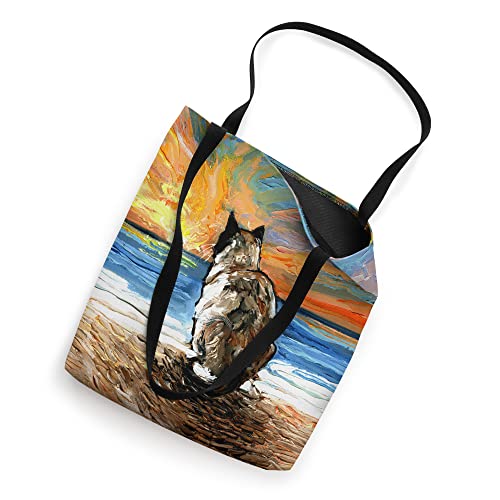 Bolso tote con ilustración de gato siamés Snowshoe en atardecer en la playa, por Aja miniatura 2