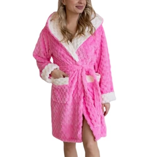 Hiseng Albornoz Mujer Bata Mujer Invierno, Jacquard Batas de Casa de Polar Coral Larga Suave Grueso con Bolsillos y Cinturón Albornoz de Baño Unisex con Capucha Cálido (Rojo rosa,M)
