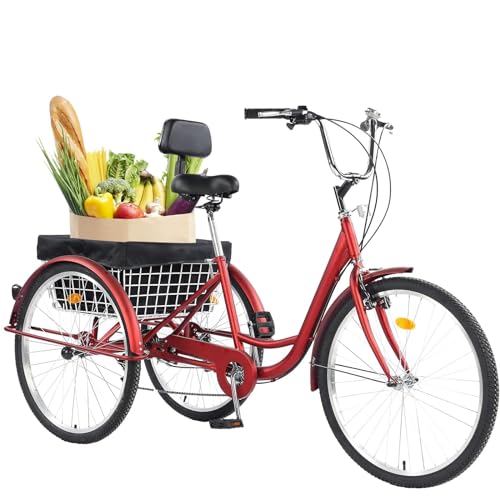 WYUEEEE 26 Inch Adult Tricycle 7 Speed, 3 Wheel Bikes Tricycle for Adults, Adult Trike for Women/Men/Seniors, Three Wheel Cruiser Bike w/Rear Basket for Shopping/Recreation/Picnic (Red)