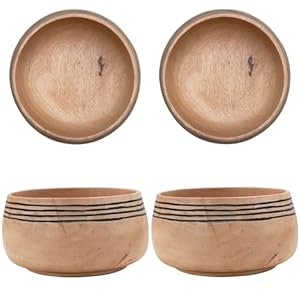 Bloomingville Mango Wood Grooved, Black & Natural, Set of 4 Bowl Set, 7″ L x 7″ W x 3″ H, Multicolor