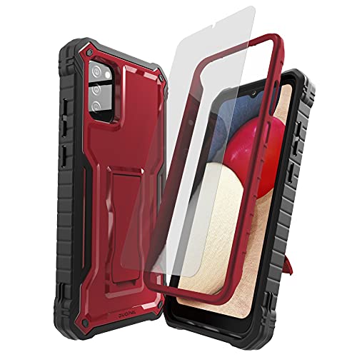 DUOPAL for Samsung Galaxy A02S Case, Military Grade Protection Shockproof Case with Tempered Glass HD Screen Protector and Kickstand Compatible with Samsung A02S Phone 6.5 Inch (Red)