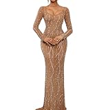 Long Sleeve Pearl Dress Maxi Prom Cocktail Evening Dresses with Rhinestone