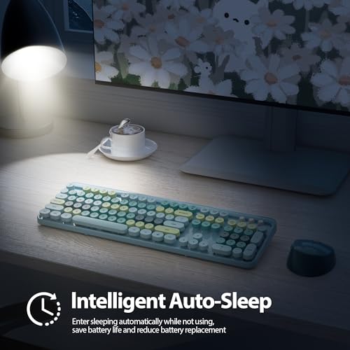 Image of Fogruaden Blue Keyboard and Mouse Wireless, Retro Typewriter Keyboard, 2.4GHz 104 Keys Full Size Cute Keyboard with Number Pad, Blue Colorful Keyboard with Retro Round Keycaps for Windows PC Laptop