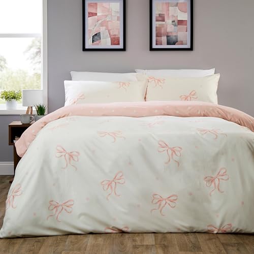 Olivia Rocco Easy Care Printed Duvet Cover Set 100% Microfibre Polyester Breathable Stylish Comforter Reversible Quilted Bedding Bed Sets With Pillowcases Bows Pink- Double