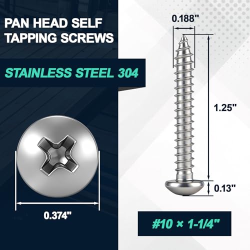 100 tornillos para madera #10 x 1-1/4" acero inoxidable cabeza pan paquete bulk 304 tornillos de metal autorroscantes para proyectos de madera acabado brillante miniatura 2