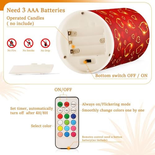 Image of Valentines Lights Flameless Candles Valentines Glden Red Hearts Pillar Candles Set of 2 Battery Operated Remote Control Warm Lights Home Decor