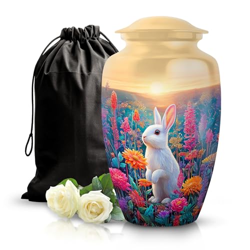 Image of Rabbit Urn - Memorial Ash Urn - 10 Inch - Large with Velvet Bag - Large Urns Human Ash Adult - Cremation Urns for Adult Men & Women - Funeral Ashes for Male & Female