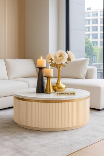 Image of Modern Round Centre Table - 76x76x46 cm | White Marble Top with Gold Accent Strip & Charcoal Louvers | Luxury Coffee & Tea Table for Living Room, Lounge & Entryway (Ivery)