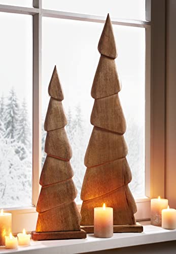Dekoleidenschaft 2X Dekofigur Tannenbaum Schlank aus Mango-Holz, 60 + 80 cm hoch, Weihnachtsdeko, Fensterdeko, Holzbaum, Dekosäule, Holzsäule, Dekobaum