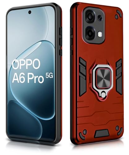 Image of WOW IMAGINE Shock Proof Back Case Mobile Cover for Oppo A6 Pro 5G | Back Cover Case (Tough Armor | Hybrid PC + TPU | Ring Holder & in-Built Kickstand | Red)