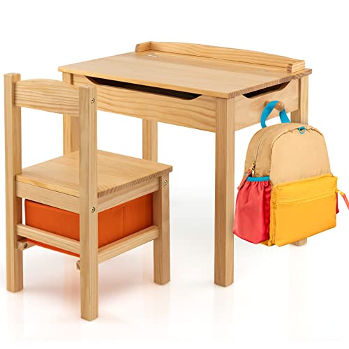 COSTWAY - COSTWAY Table Enfant avec Chaise & Plateau Rabattable, Bureau Enfants en Bois avec Espace de Rangement, Crochet Latéral, Charge 70kg pour Tout-Petits de 3 Ans+, 59 x 40 x 55 cm (Naturel)