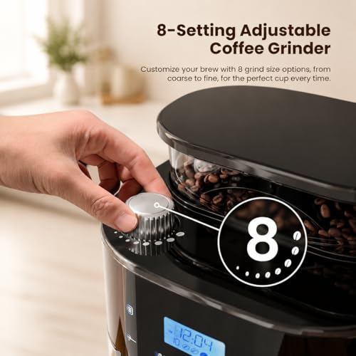 Image of Kismile 10-Cup Digital Drip Coffee Maker with Built-In Grinder, Programmable, 24H Timer, Keep-Warm Function, Customizable Strength & Grind Size, Coffee Machines with Smart LED Touchscreen