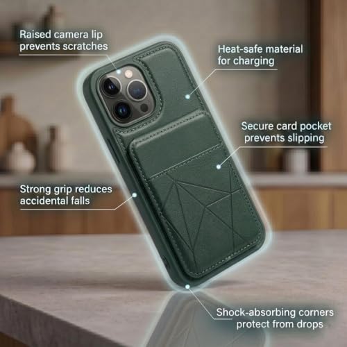 Image of amazon basics Premium Vegan Leather Back Cover with Card Holder and Integrated Mobile Stand for iPhone 13 Pro Max - Slim Shockproof Wallet Case with Geometric Stitching [Green]