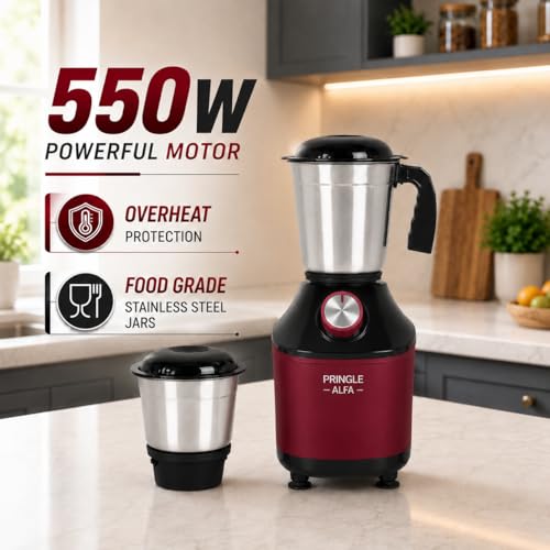 Image of Pringle Alfa 550W 2 Jar Mixer Grinder for Kitchen | 2 SS Jars (Wet & Dry Grinder & Chutney) | Stainless Steel Blades | Compact & Powerful | 5 Yr Warranty on Motor | Red