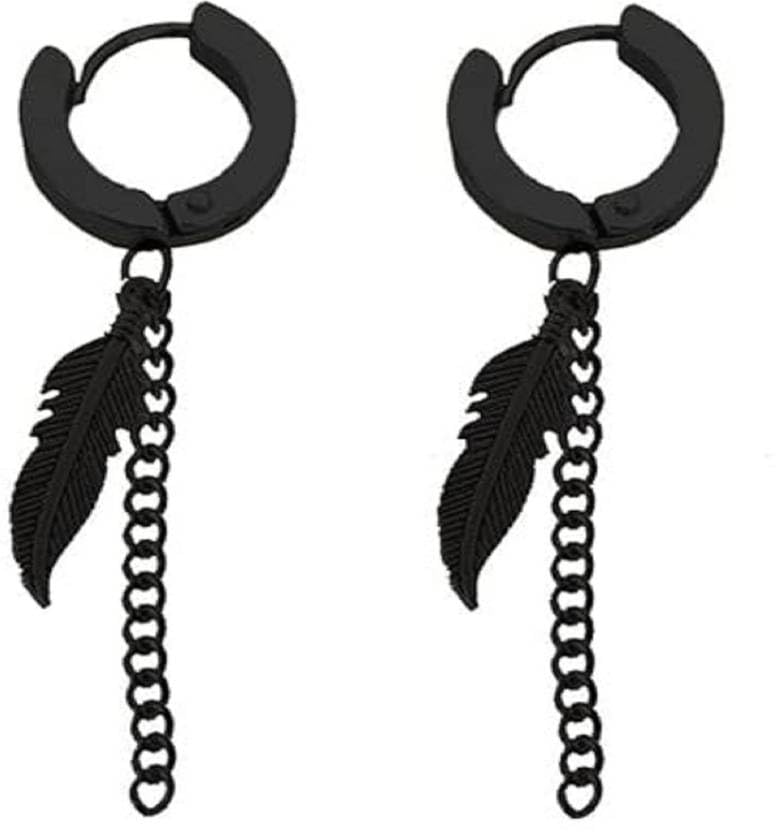 modeva "elevate your essence" Stylish Black Stainless Steel Feather Chain Hoop Earrings, Unisex Dangler Design-picture-30