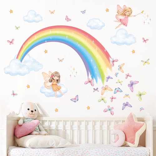 decalmile Rainbow Fairy Wall Decals Butterfly Clouds Stars Wall Stickers Girls Bedroom Baby Nursery Kids Room Wall Decor