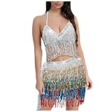 Zweiteiliges Lateinisches Frauenkostüm Bauchtanz Outfit Mit Fransen Pailletten Schal BH Top Mit Fransen Pailletten Rock Sexy Bauchtanz Kostüm Damen Hüftrock Fransen Paillett en Quaste Hüfte Glitzer