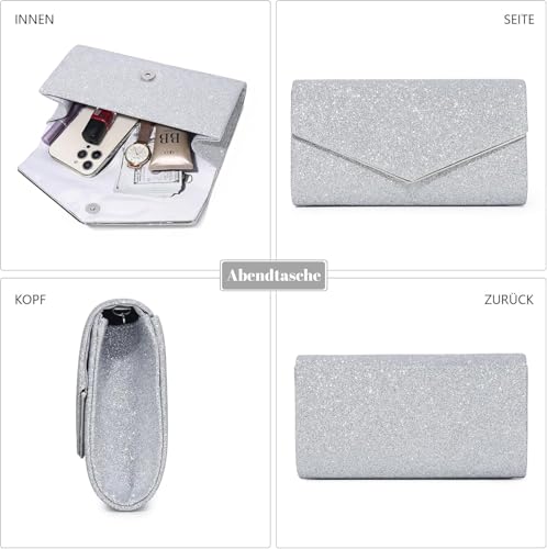 Clutch Silber, Abendtasche Damen, Tasche Silber, Tasche Damen - Shiny Fabric, Reinforced Chain, Large Space, Card Storage, Suitable for Banquets and Weddings, A Great Gift for Female Friends