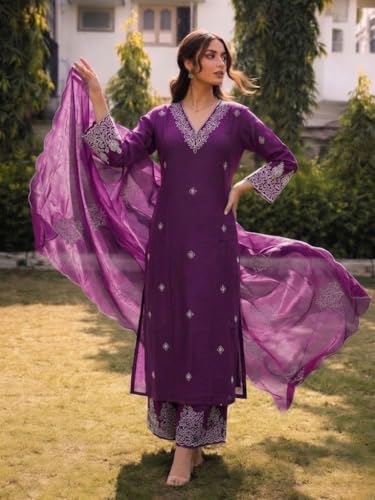 Image of SHIENZY Women's Embroidered Kurta Pant Set with Dupatta | Straight Kurta Set for Women | Ethnic Kurta Set for Women, Traditional Indian Kurta Pant Dupatta Set