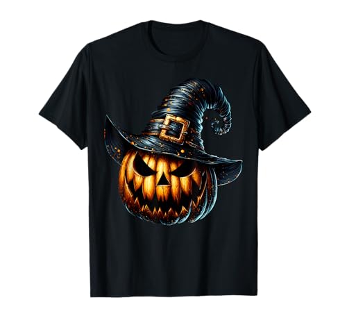 Creepy Halloween Jack O Lantern Pumpkin with Witches Hat Camiseta