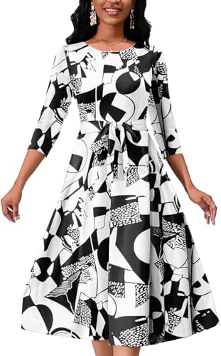 Image of PerZeal Midi Dresses for Women Crewneck 3 /4 Sleeve African Floral Print Dress Cocktail Party Church Flowy Dress with Belt XX-Large