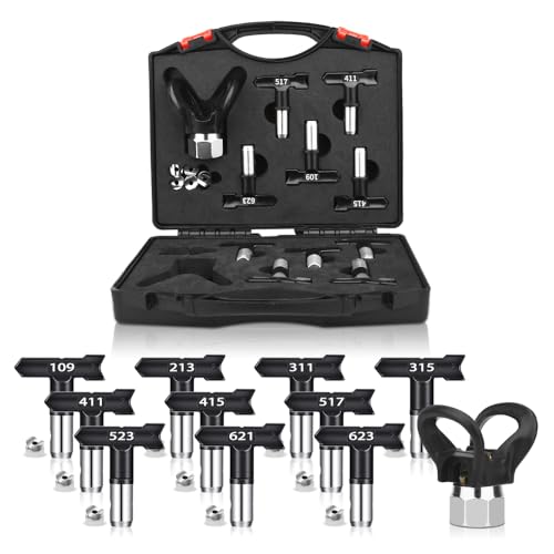 12 Pcs Airless Sprayer Tips, Paint Sprayer Tips, Tip Guard and Black Storage Case, Suitable for Airless Spray Gun (109, 213, 311, 315, 411, 415, 517, 523, 621, 623) by GROGR - Used condition - US$29.56