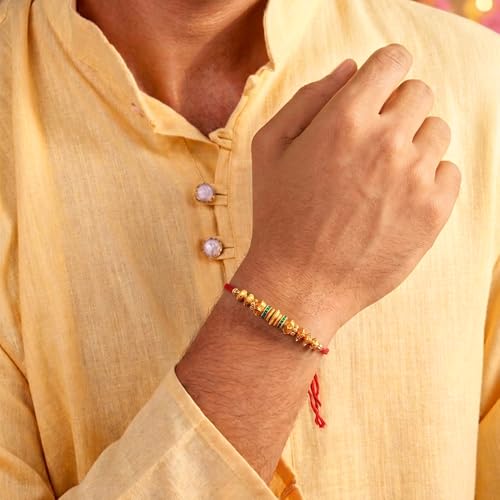 Image of Peora CZ Pearl & Crystals Studded Thread Rakhi for Brother Bhaiya | Combo Set of 3 | Raksha Bandhan Hamper with Roli Chawal & Greeting Card