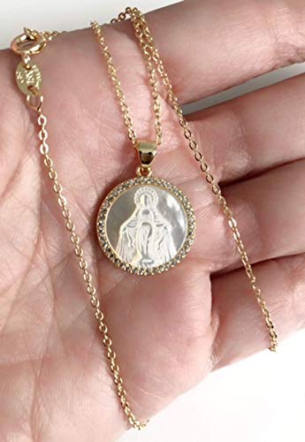 Minimalist Blessed Mother of Pearl Medal 17 Inches Necklace Virgen de la Milagrosa