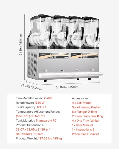 Image of VEVOR Slushie Machine, 12L /3.17Gal x 4 Tank Commercial Slushy Maker, Frozen Drink Maker with Self-Cleaning, Margarita Machine for Restaurants Bars Party for Slushie, Margaritas, Milkshake & More