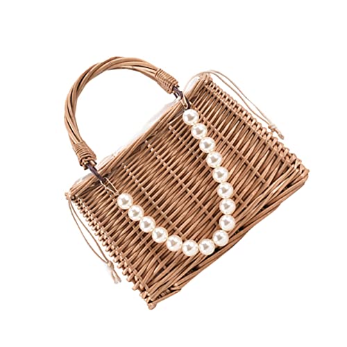 CLISPEED Pearl Straw Handbag for Women Portable Beach Bag Handheld Design Summer Tote for Vacation and Travel