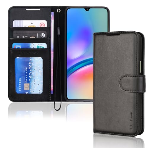TECHGEAR Galaxy A05s Leather Wallet Case Flip Book Protective Case Cover [RFID BLOCKING] with Wallet Card Holder Stand and Wrist Strap - Black PU Leather with Magnetic Closure For Samsung A05s