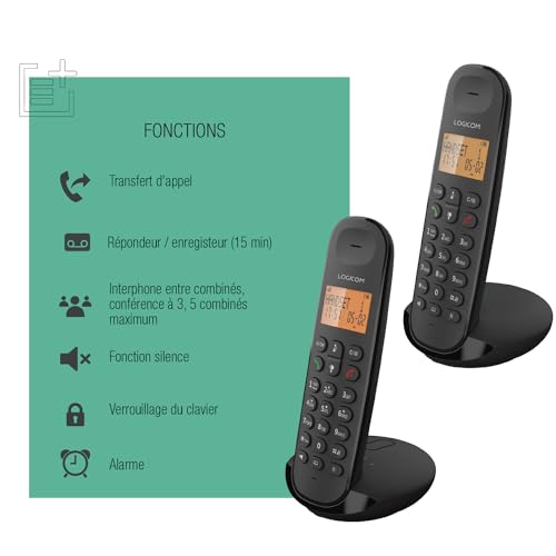 Logicom - Iloa 255T - DECT Schnurlostelefon Duo mit Anrufbeantworter – 15 Min Aufnahme – 2 Mobilteile – Freisprechfunktion – 300 m Reichweite – 90h Standby – Schwarz