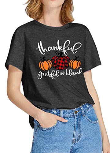 Thanksgiving Shirts for Women: Thankful Grateful Blessed Shirt Thanksgiving Pumpkin Tshirts Short Sleeves Fall Tops4