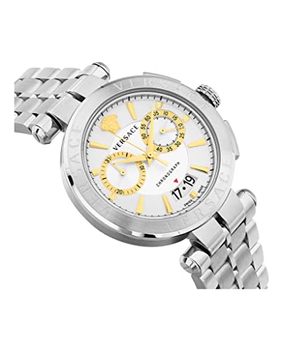 Versace Aion Chrono Collection Luxury Mens Watch Timepiece With A Silver Bracelet Featuring A Stainless Steel Case And White Dial #TOP2