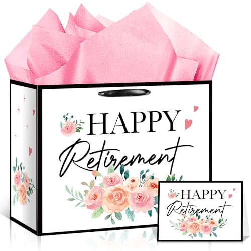 Floral Retirement Gift Bag for Women Pink Retirement Wrapping Paper Funny Retired Gift Bag with Tissue Paper and Card THE QUEEN HAS RETIRED Retired Gifts for Women Farewell Going Away Party Supplies