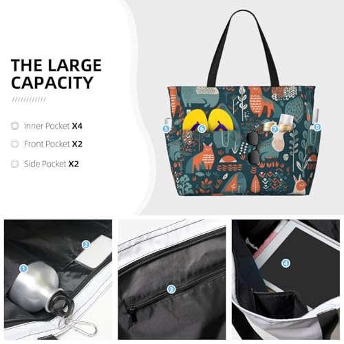 Scandinavian Animals Beach Bags For Women Large Waterproof Sandproof Beach Tote Bag Pool Bag Lightweight Zipper Carry On Bag For Gym Travel Vocation3