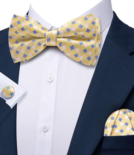 Image of Barry.Wang Paisley Striped Bow Tie for Men Silk Pre-Tied Bowtie Pocket Square Cufflinks Set Formal Wedding Party Prom