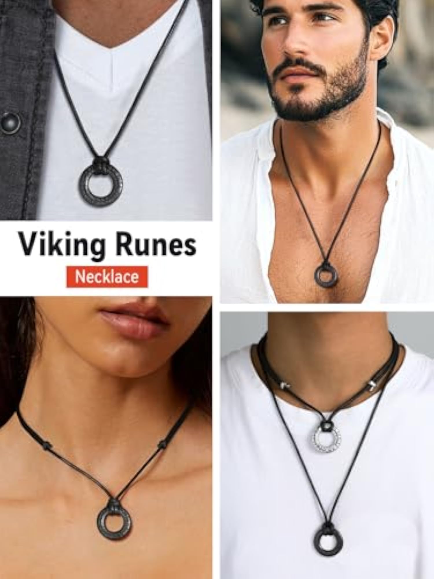 Norse Viking Rune Necklace with Adjustable Leather & Stainless Steel
