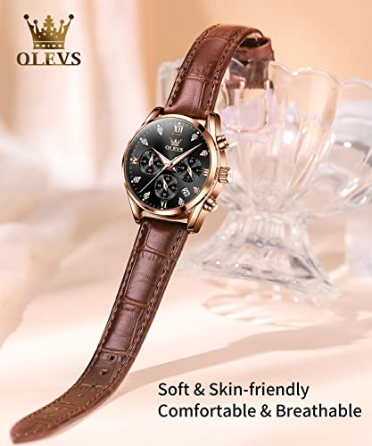 OLEVS Relógio feminino com tiras de couro marrom feminino ouro rosa elegante vestido luxuoso cronógr