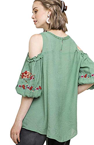 Umgee Women's Cold Shoulder Puffed Sleeve Embroidered Blouse (Sage, Small) #TOP1
