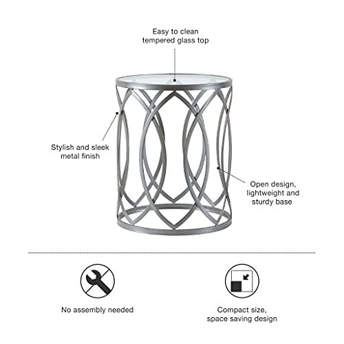 Madison Park Arlo Accent Tables For Living Room, Glass Top Hollow Round, Small Metal Frame Geometric Eyelet Pattern Luxe Modern Stylish Nightstand Bedroom Furniture, Silver #TOP3