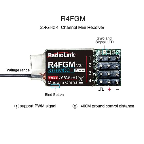 Radiolink R4FGM RC Receiver 2.4 GHz Gyro Integrated 4 Channels Long Range up to 400 m for Cars Boats Compatible with RC6GS V3/RC4GS V3/T8FB/T8S/RC8X/T16D/T12D - Image 2