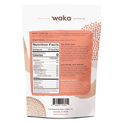 Waka — Peach Flavored Green Instant Tea Powder — No Sugar Added & Unsweetened — 100% Tea Leaves — 4.5 Oz Bulk Bag #TOP1