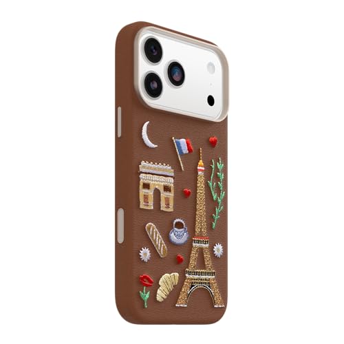 Image of OtterBox iPhone 17 Pro Max Symmetry Series Cactus Leather Embroidery Case - City of Love - Brown - Textured, Embroidered Paris Artistic iPhone Case