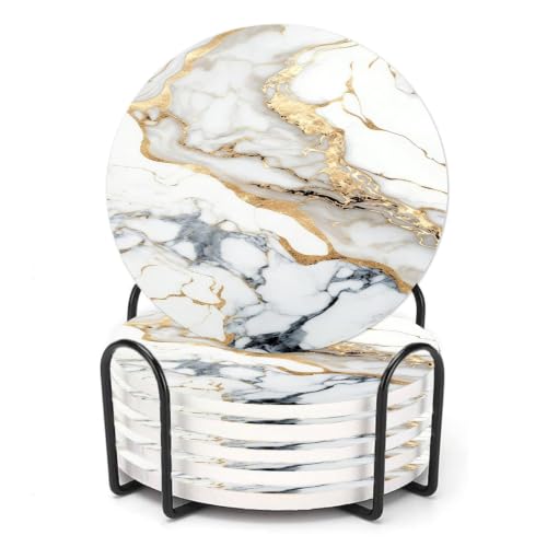 Nicegod 6Pcs White Gold Veined Marble Ceramic Absorbent Drink Coasters