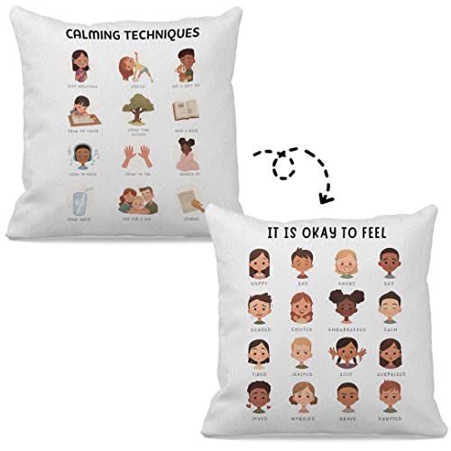 Mental Health Calming Techniques It Is Okay To Feel Reversible Throw Pillow Case 18″×18″,Cute Cartoon Faces Emotions Decorative Pillowcase For Therapy Office Consulting Room,Gifts For Teens Girls #TOP14
