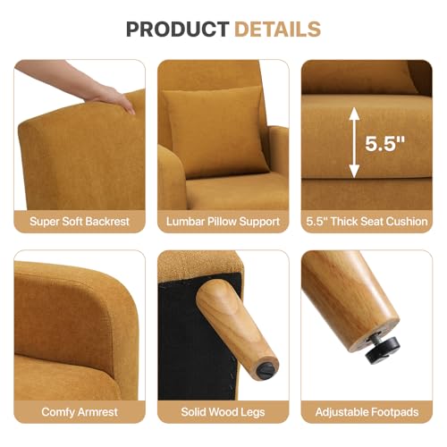 Magshion Mid-Century Accent Chair for Living Room, Comfy Reading Chair for Bedroom, Upholstered Linen Fabric Armchair Single Sofa with Back Pillow & Wood Legs, 300 lbs Capacity, Yellow